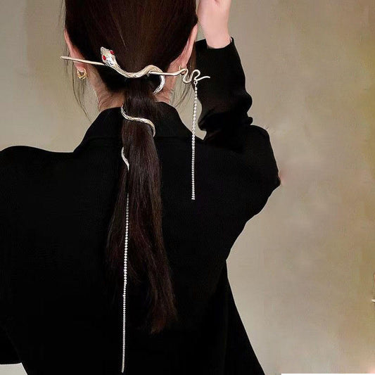 Serpent Hair Pin with Rhinestone Chain