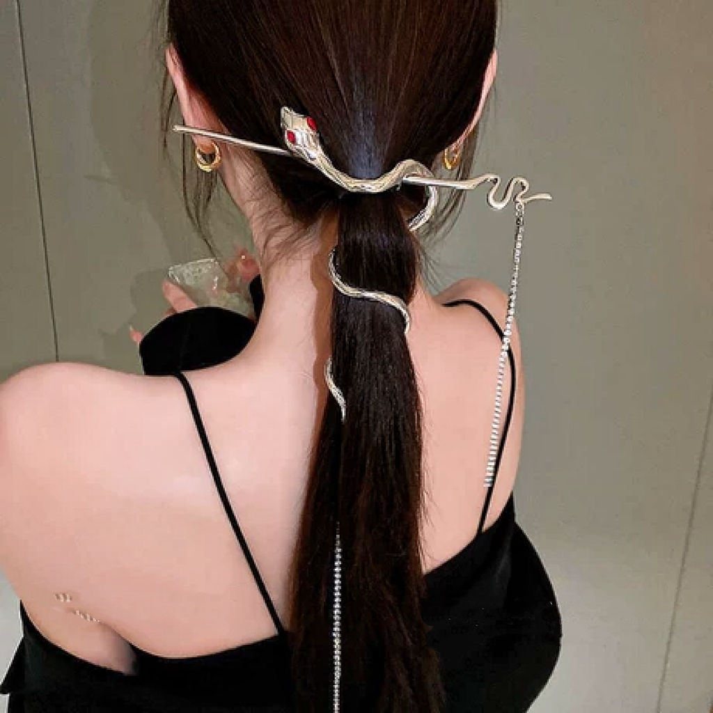Serpent Hair Pin with Rhinestone Chain