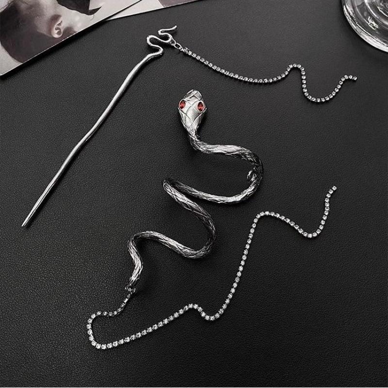 Serpent Hair Pin with Rhinestone Chain